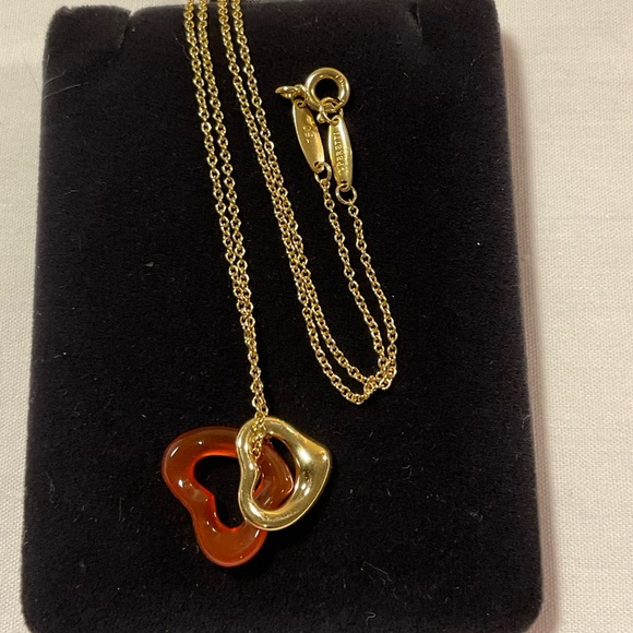 Tiffany Double Open Heart Carved Red Carnelian 18K Yellow Gold Necklace 18" - Picture 13 of 15